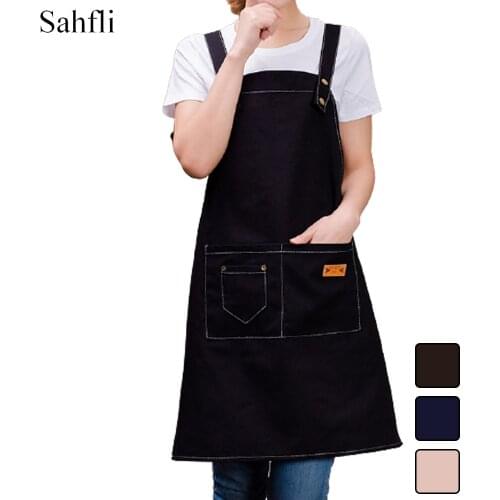 New Style Restaurant Work Clothes Solid Color Double Pocket Canvas Antifouling Adult Sleeveless Apron Double Shoulder Design