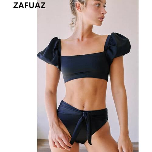 Solid Bikini Set Women Puff Sleeve High-waisted Two Piece Swimsuit 2021 Girl Beach High Cut Thong Bathing Suit Swimwear Biquinis