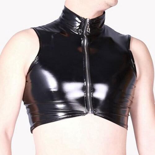 Sexy Men Turtleneck Plus Size Zipper Open Tank Top PVC Shiny Wet Look Punk Leather Short Top Art Photo Dance Club Gay Wear F45