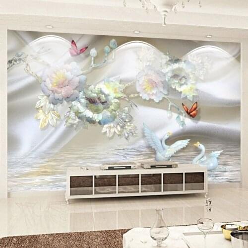 Custom Mural Wallpaper 3D Luxury European Style Silk Pearl Flower Swan TV Background Wall Living Room TV Sofa Home Decor Fresco