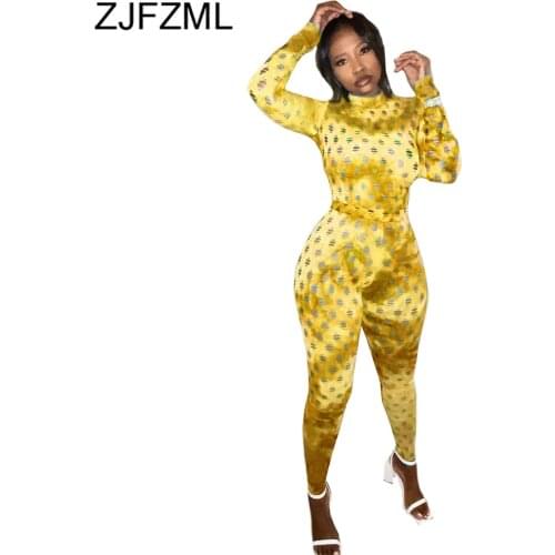 Tie Dye Print Hollow Out Casual Two Piece Outfits for Woemn High Necked Long Sleeve Tops+bodycon Trouser Lounge Wear Tracksuits