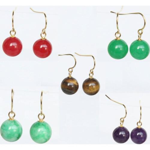 Dangle 10mm round green red purple yellow Multicolor amethyst jade Tigers Eye earring 14KT solid gold hook j12031-2