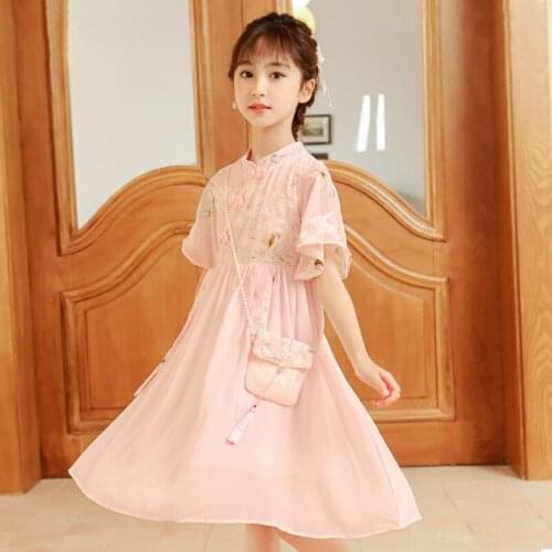 Summer new style chiffon girl embroidery dress ancient costume super fairy Chinese style embroidery dance dress princess dress S