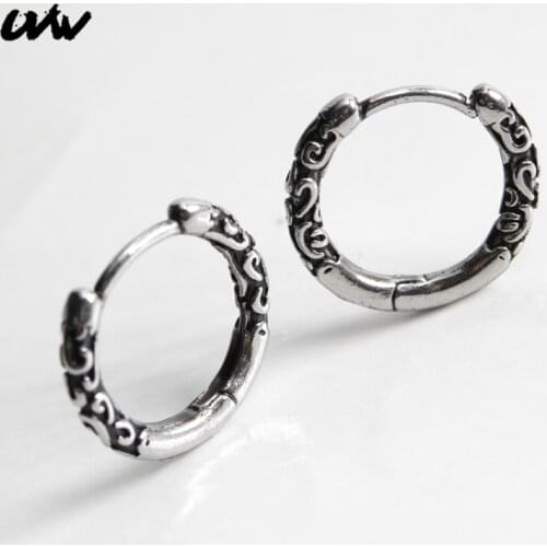 UVW462 2pc 10mm Hiphop 316L Steel VintageCarving Hoop Earrings Round Women Mens Jewelry Accessories Pendientes Gift