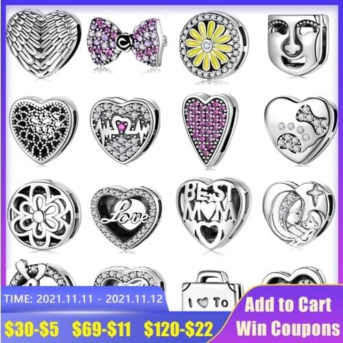 High Quality 925 Sterling Silver Heart Round Monther Love Charms Clips Beads Fit Original Reflection Bracelets DIY Fine Jewelry