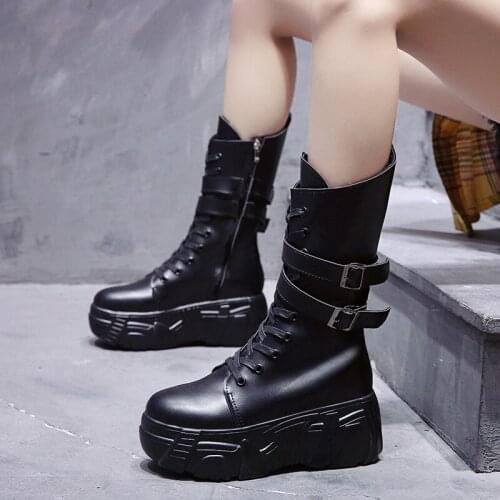 OLOMLB Women Punk Lace Up PU Leather Motorcycle Mid Calf Boots 7.5CM Platform Chunky High Heel Retro Punk Black Warm Winter