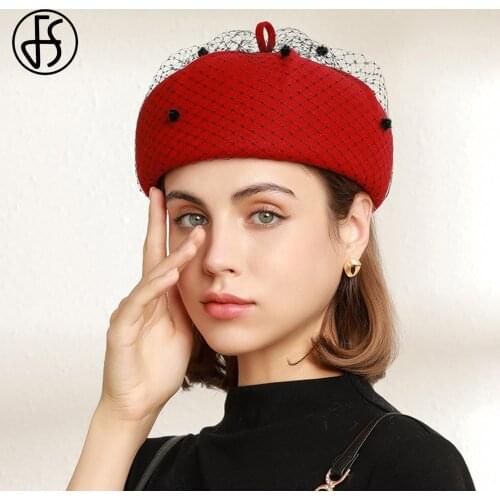 FS 100% Wool Women Berets For Autumn Winter French Artist Hat Vintage Girls Painter Hats Beret Femme Female Warm Cap With Veils