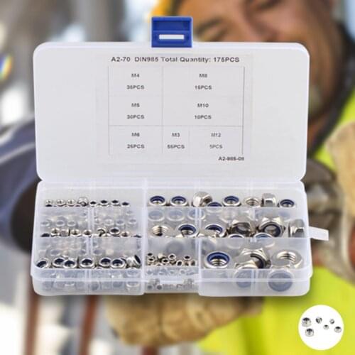 175Pcs M3-M12 Stainless Steel Hexagonal Nylon Self-locking Nuts Locknut Slip Lock Nut Assortment Kit Hardware Tool