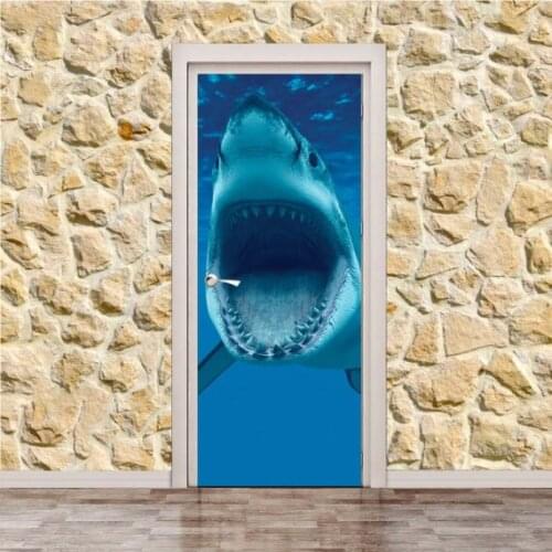 3D Animal Shark Door Mural Wallpaper mural Wall Print Decal Wall Deco Wall Mural Photo self adhesive door wrap