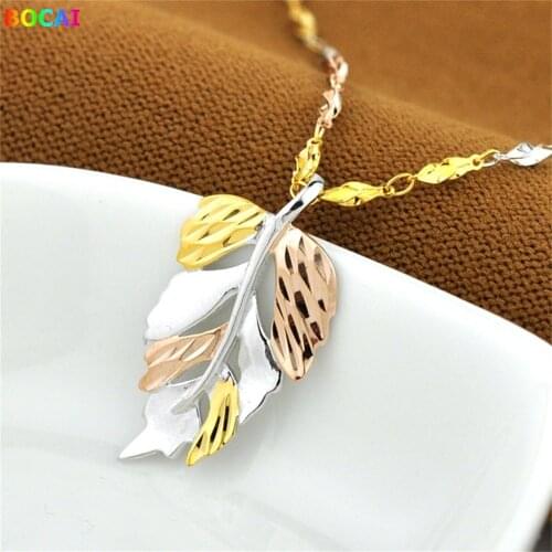 BOCAI S925 Sterling Silver Necklace 2021 Popular Three Colors Hollow Maple Leaf Pendant Chain Pure Argentum Jewelry for Women