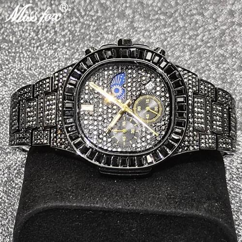 Hip Hop MISSFOX Black Nautilus Bling Blacked Out Watch Men Diamond Moon Phase Watches Top Luxury Quartz Male Calendar Wristwatch