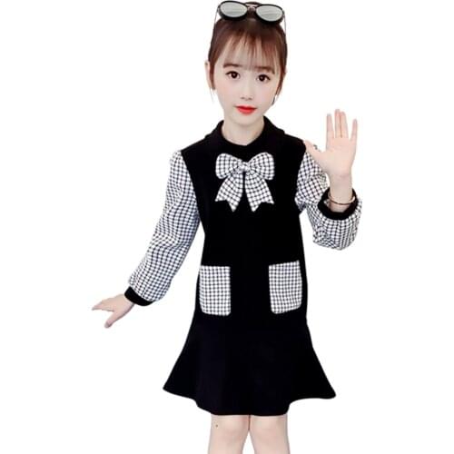 Kids Dresses For Girls Bow Party Dress For Kids Girl Plaid Pattern Children Dress Patchwork Childrens Costumes For Girls