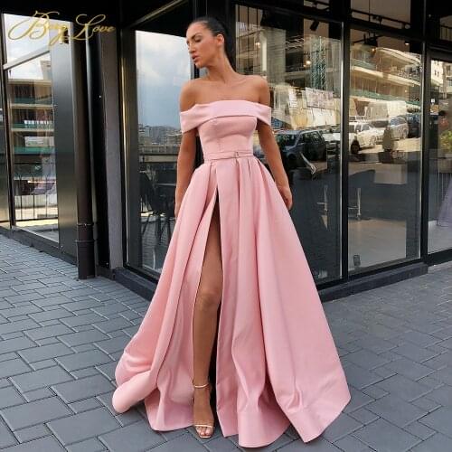 Elegant Satin Evening Dresses Off Shoulder High Split Evening Dress A Line High Waist Belt Prom Dress Robe de soiree 2020