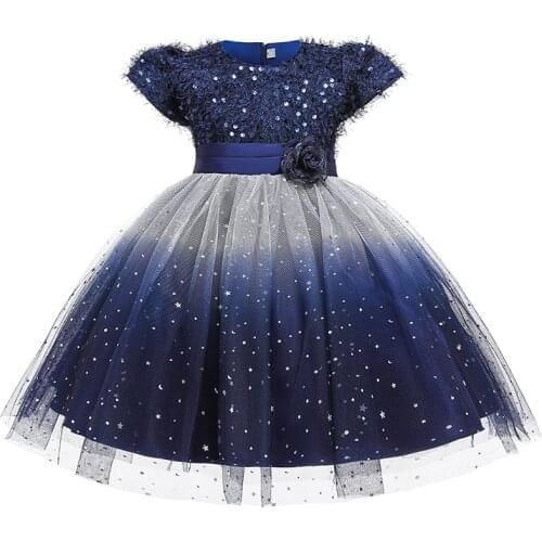 Elegant Girls Sequined Net Dresses Kids Party Wedding Princess Dresses Children Starry Sky Contrast Flower Girl Dresses Costume