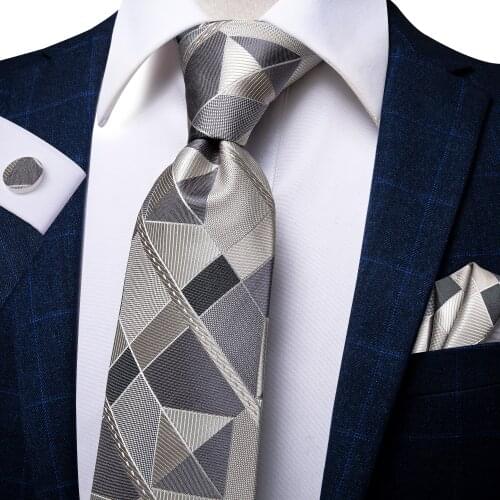 Hi-Tie Mens Tie Set Luxury 100% Silk Grey Plaid Large Neckties For Men Fashion Design Hanky Cufflinks Set Wedding Quality