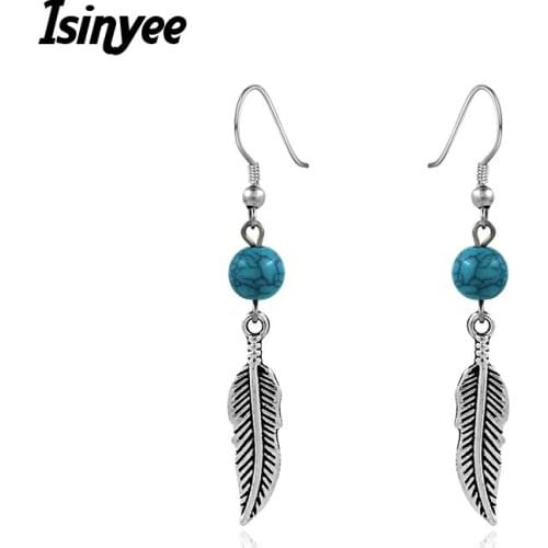 ISINYEE Fashion Antique Silver Metal Feather Earrings For Women Girls Vintage Ethnic Natural Stone Jewelry Pendientes Mujer
