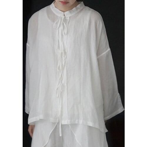 Johnature Women Ramie Shirts O-Neck Long Sleeve Solid Color Belt Blouse 2021 Summer New Simple Loose Casual Vintage Shirts