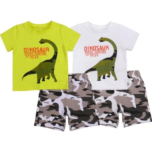 New Toddler Boy 2Pcs Clothes Set, Short Sleeve Dinosaur T-Shirt + Camouflage Shorts Set