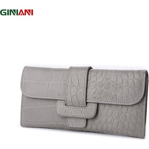 GINIANI Real Leather Womens Basic Long Plug-in Cover Wallet Female Black Grey Crocodile Embossed Multi Card Coin Purse