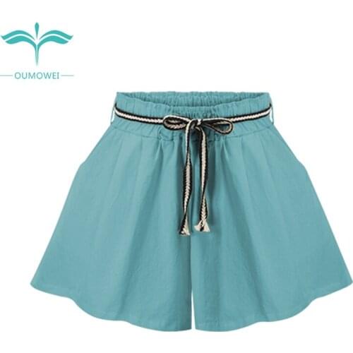 Oumowei Summer Beach Casual Shorts Belted Ruffle Waist Striped Shorts Women Plus Size High Waist Loose Bottom Shorts 5XL