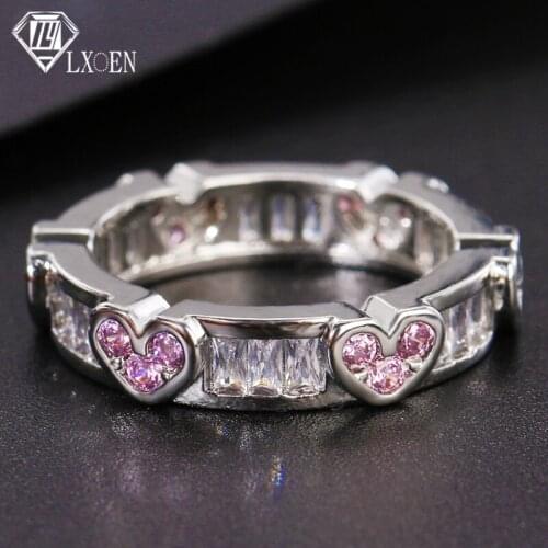 Trendy Pink Heart Engagement Rings with Full Cubic Zircon Crystal for Women Luxury Elegant Wedding Party Jewelry