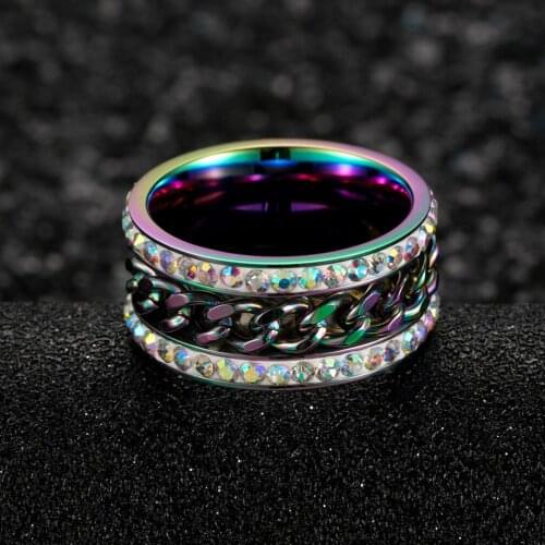 2021 Whole Sale Promotion Colorful Pave Cubic Resin Stone Link Chain Men Stainless Steel Ring Rotating Black Golden Unisex Gifts