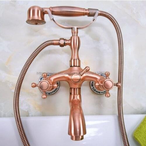 Wall Mounted Bathtub Faucet Antique Red Copper Tub Sink Faucet Telephone Style Bathroom Bath Shower Set Nna324