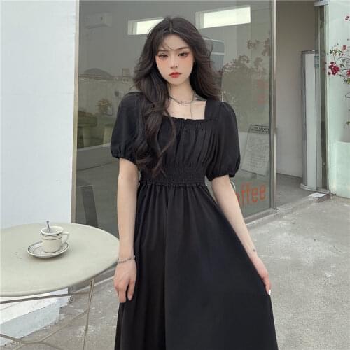 2021 Summer New Elastic Black High Waist Square Neck Super Fairy Temperament Gentle Dress with Large Swing and Waist Closing