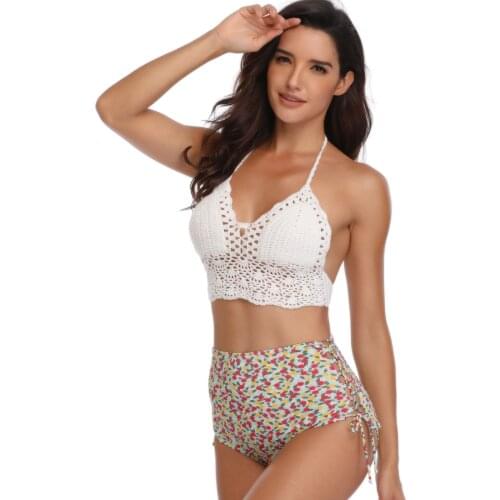 New Knitted Swimsuit Women, Knitted Lace-up Bikini, Sexy High-waisted Printed Swim Shorts BIKINI Set Wholesale Drop Shipping