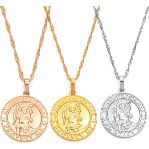 Anniyo St. Christopher Protect Me Necklaces for Women,Light Gold/Silver Color Saint Christophe Pendant Religious Jewelry #040904