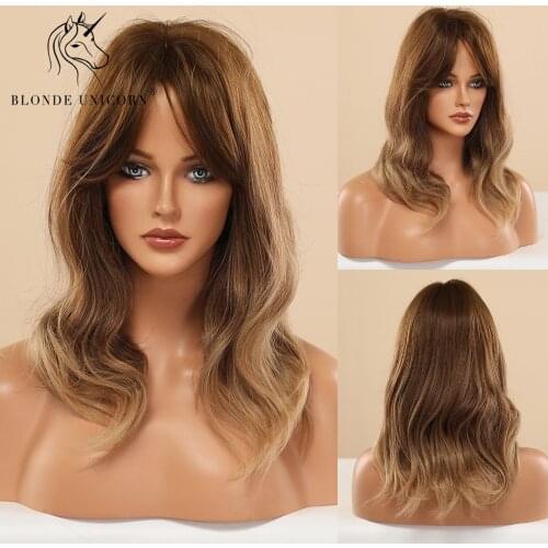 BLONDE UNICORN Long Natural Wave Dark Brown Ombre Ash Brown Hair Wigs Synthetic Party Daily Use Wig for White Black Women