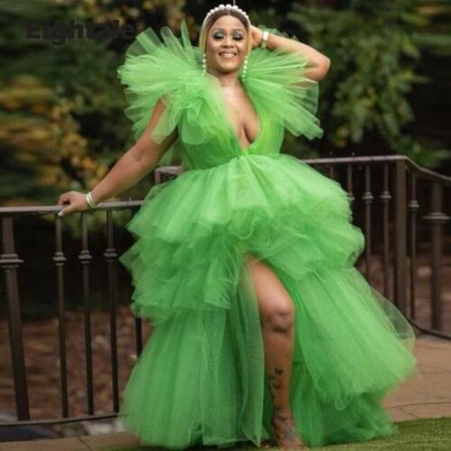 Eightale Lime Green Prom Dresses 2021 V-Neck Tiered High Low Sexy Evening Gown Tulle Custom Made Celebrity Party Dress