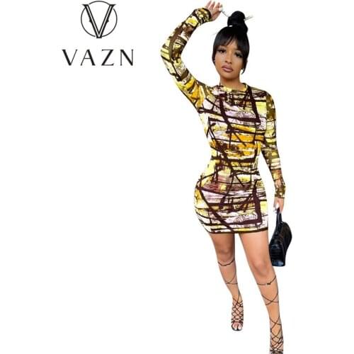VAZN 2020 New Summer O-neck Beach Sexy Party Colorful Print Dress Fashion Dresses Evening Gown Women Elegant Sexy