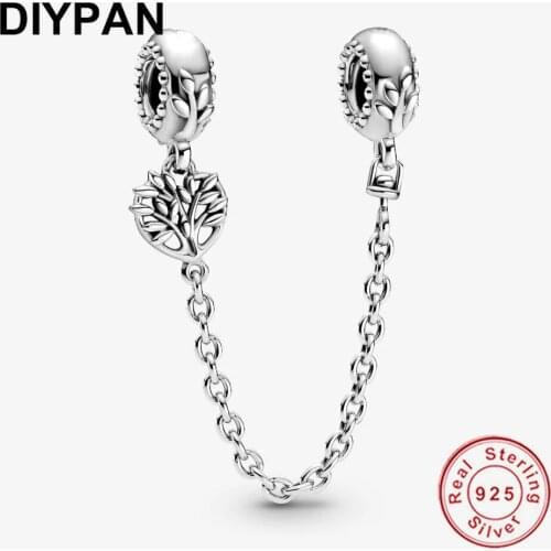 Fit Original Pandora Bracelet Charms 925 Sterling Silver Heart Family Tree Safety Chain Charm Necklace Pendant Berloque Jewelry