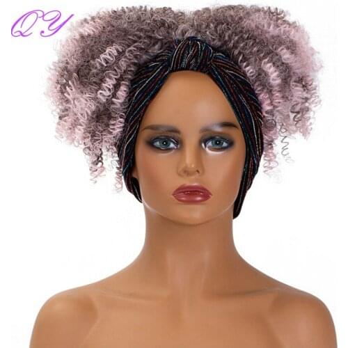 QY Hair Wig Pink Synthetic Colorful Headband Turban Warp Short Ombre Curly Wig For Black Woman Hair