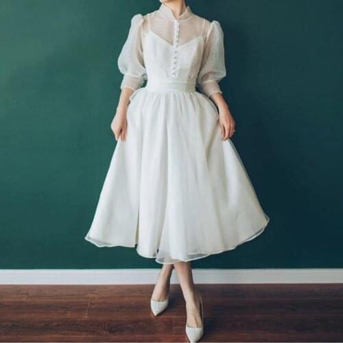 Sexy Wedding Dresses Tulle Sashes Pleat High Collar Half Sleeve Zipper A-Line Bridal Gowns Novia Do 2021 New