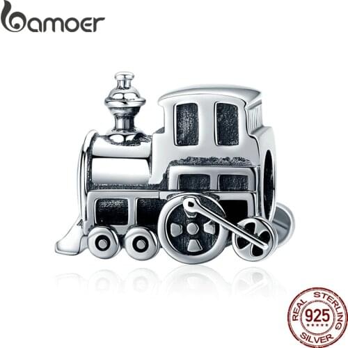 BAMOER 100% Real 925 Sterling Silver Vintage Locomotive Train Car Charm fit Women Charm Bracelet DIY Jewelry Making SCC507
