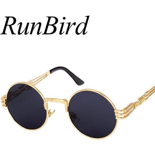 RunBird Retro Gothic Steampunk Mirror Sunglasses Men Gold and Black Sun Glasses Vintage Round Circle Women UV Gafas De Sol 1075R