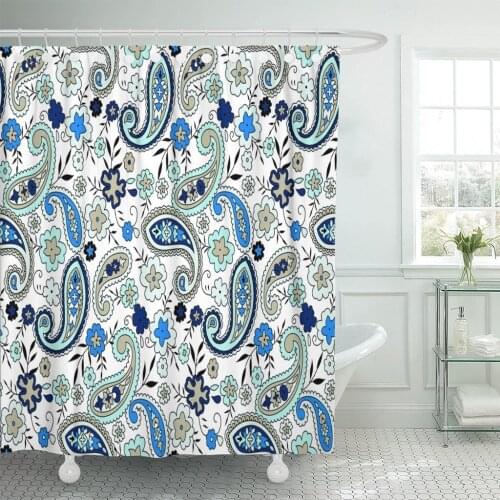 Blue Retro Traditional Indian Paisley Pattern Red Abstract Shower Curtain Waterproof Polyester 72 x 72 Inches Set with Hooks