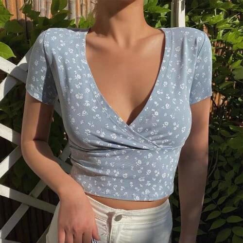 Y2K Vintage Floral Cross Crop Top T-shirt Women Cropped Slim Short Sleeve V-neck Sexy Summer Clothes Tee Shirt Femme Woman Tops
