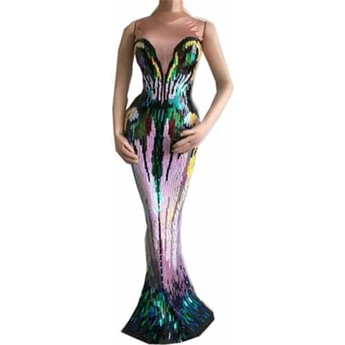 Colorful Appliques Long Dress Women Evening Party Wear Luxurious Stretch Dress Prom Birthday Celebrate Female Singer Stage Dress