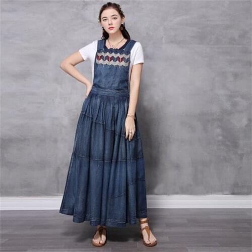 Women Denim Dress 2020 Womens Dresses Vintage Female Spaghetti Strap Embroidery Swing Hem Suspemders Woman 100% Cotton Vestidos
