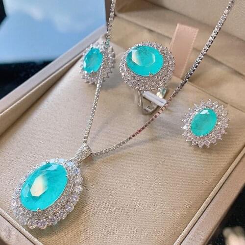 100% 925 Sterling Silver Created Paraiba Tourmaline Gemstone Pendant Necklace Earrings Ring wedding Jewellery Set Fine jewelry