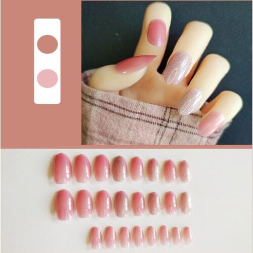 24pcs Shiny Fake Nail Patch Glue Type Removable Short Paragraph Fashion Manicure Save Time False Nails Patch SK88