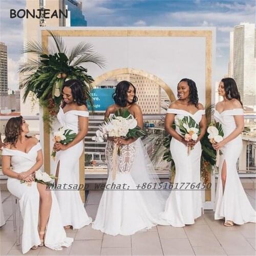 White Bridesmaid Dresses Mermaid Off-The-Shoulder Split Elastic Satin African Bridesmaid Dress Plus Size for Women Wedding
