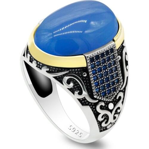 Fashion Mens Ring Real 925 Sterling Silver Ring For Men Natural Agate Stone Zircon Stone Jewelry Vintage Gift Mens Accessories