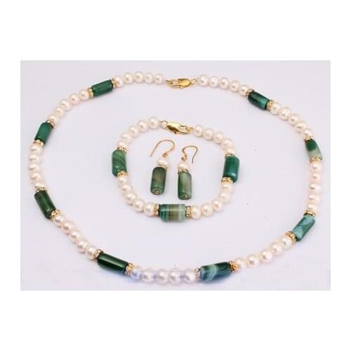 Pretty Green Agates White Freshwater Pearl Necklace Bracelet Earrings,Fashion Women Pearl Jewellery Set
