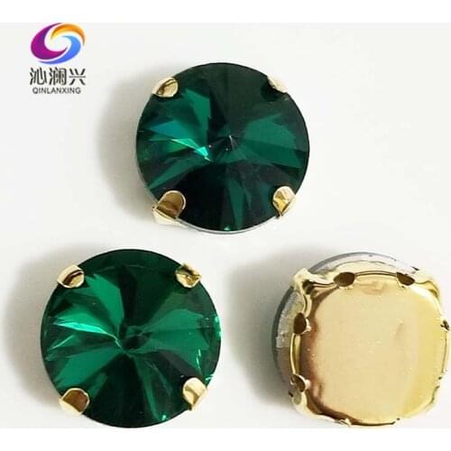 Malachite green round shape golden bottom AAA Glass Crystal sew on claw rhinestones with holes,Diy Clothing accessories SWRG14