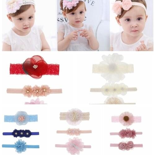 Fashion 3Pcs/Set Pearl Net Yarn Floral Kid Headbands Grosgrain Bows Child Headress Baby Girl Hair Accessories Gifts Photo Props