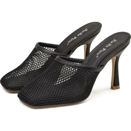 New Hollow Breathable Mesh Woman Thin High Heels Slippers Summer Vintage Square Toe Sandals Mules Femme Shoes Pumps
